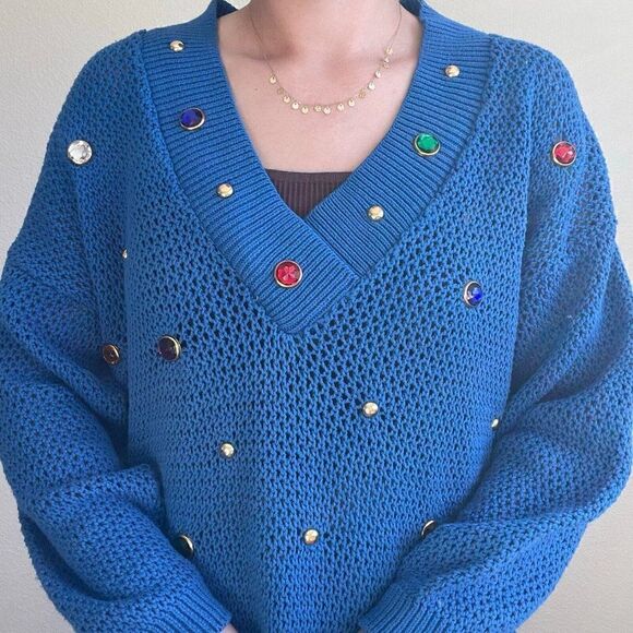 Vintage Womens Gepetto 80s Oversized Blue Rhinestone Sheer V Neck Sweater Sz L - Picture 7 of 8